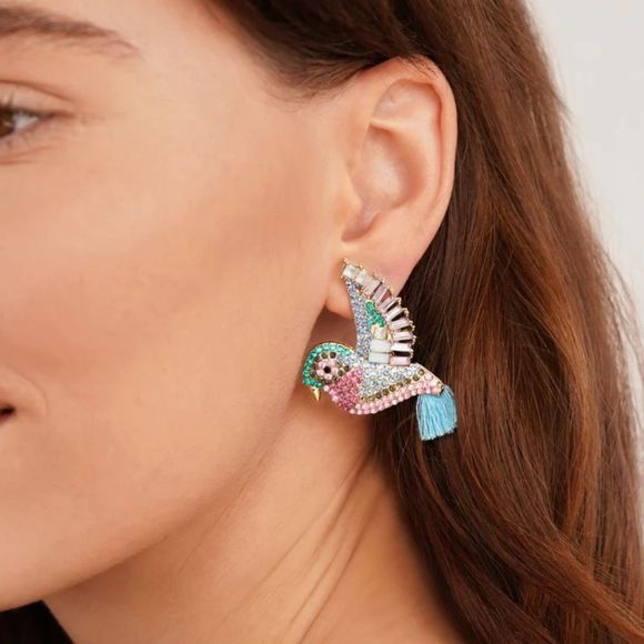 Crystal Hummingbird drop dangle tassel earrings. - Picture 4 of 13